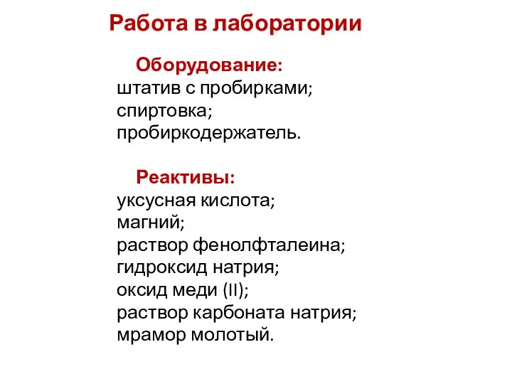 Работа в лаборатории Оборудование: штатив с пробирками; спиртовка; пробиркодержатель. Реактивы: