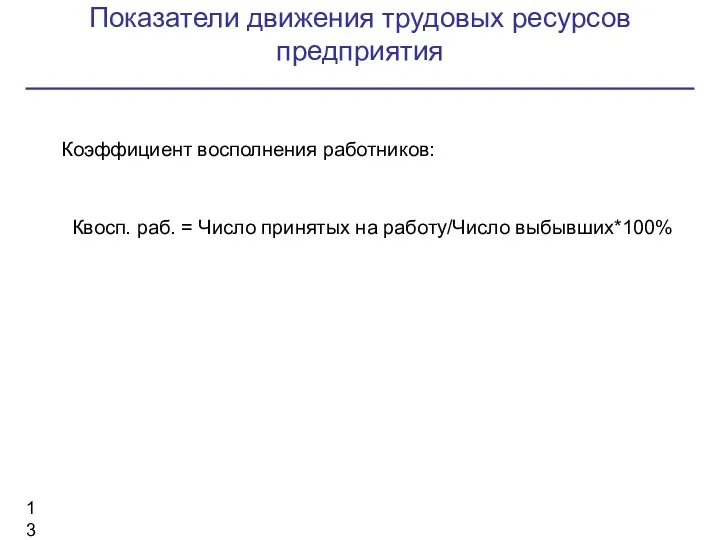 Показатели движения трудовых ресурсов предприятия Коэффициент восполнения работников: Квосп. раб. = Число принятых на работу/Число выбывших*100%