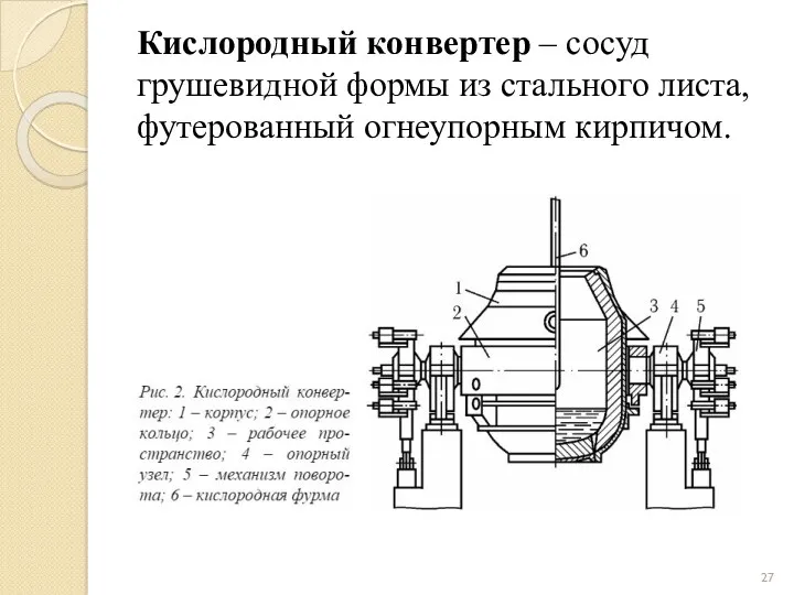 Кислородный конвертер – сосуд грушевидной формы из стального листа, футерованный огнеупорным кирпичом.