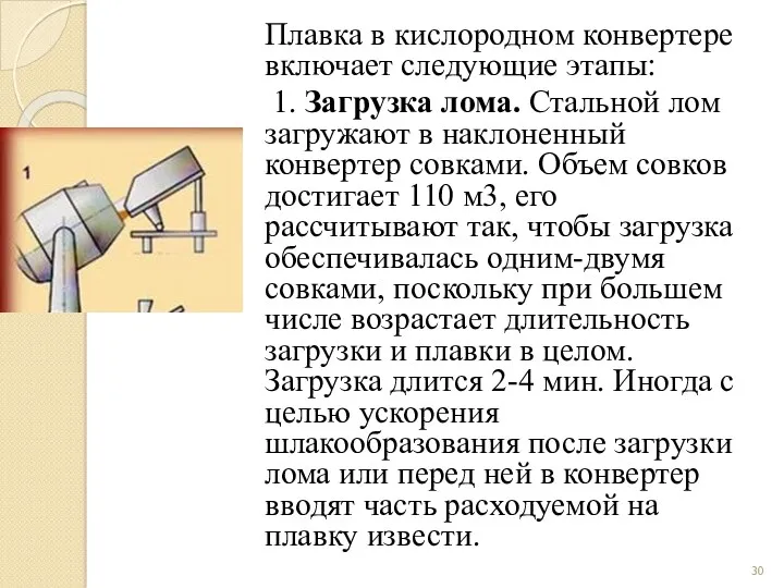 Плавка в кислородном конвертере включает следующие этапы: 1. Загрузка лома.