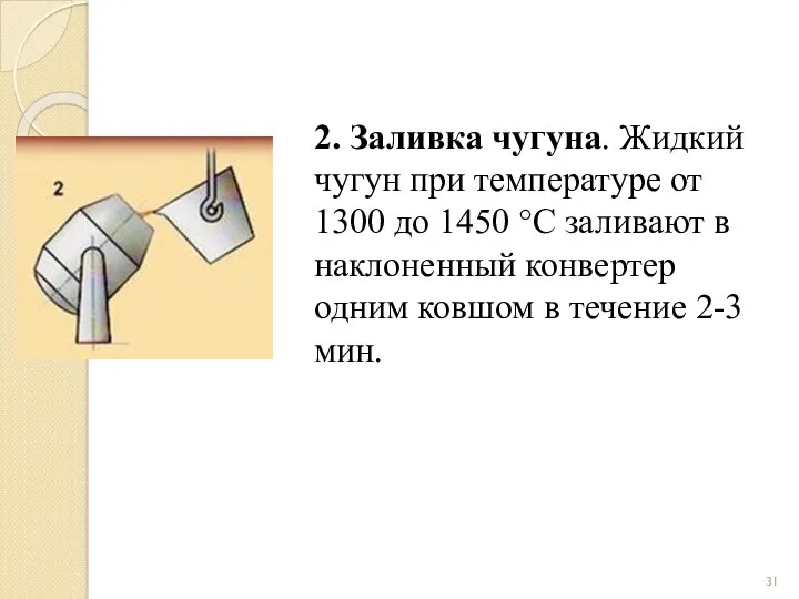 2. Заливка чугуна. Жидкий чугун при температуре от 1300 до