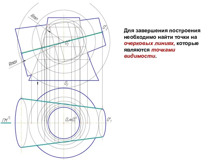 Для завершения построения необходимо найти точки на очерковых линиях, которые являются точками видимости.