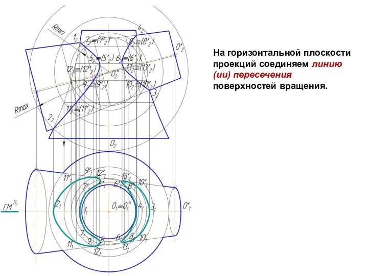 На горизонтальной плоскости проекций соединяем линию(ии) пересечения поверхностей вращения.