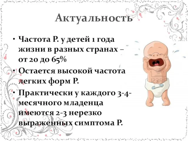 Актуальность Частота Р. у детей 1 года жизни в разных