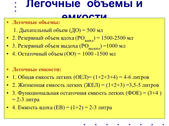 Легочные объемы и емкости Легочные объемы: 1. Дыхательный объем (ДО)