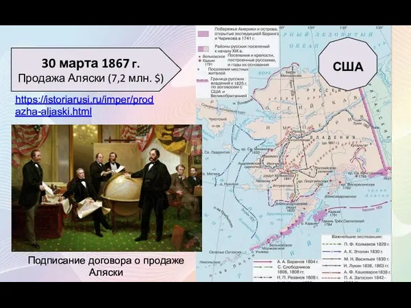 США 30 марта 1867 г. Продажа Аляски (7,2 млн. $) https://istoriarusi.ru/imper/prodazha-aljaski.html Подписание договора о продаже Аляски