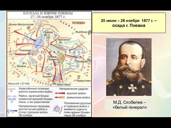 20 июля – 28 ноября 1877 г. – осада г. Плевна М.Д. Скобелев – «белый генерал»