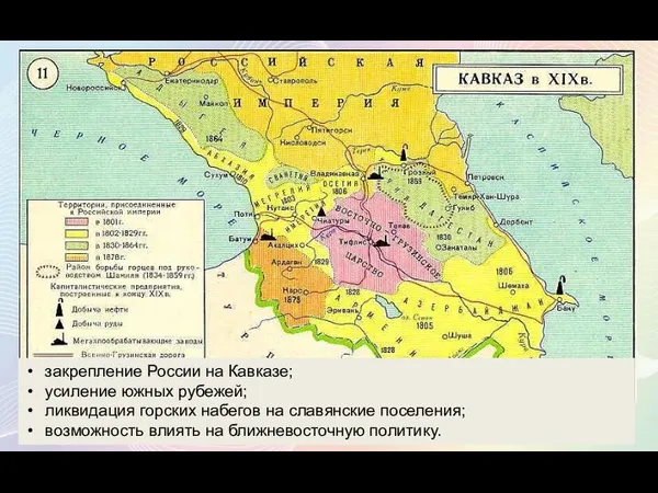 закрепление России на Кавказе; усиление южных рубежей; ликвидация горских набегов