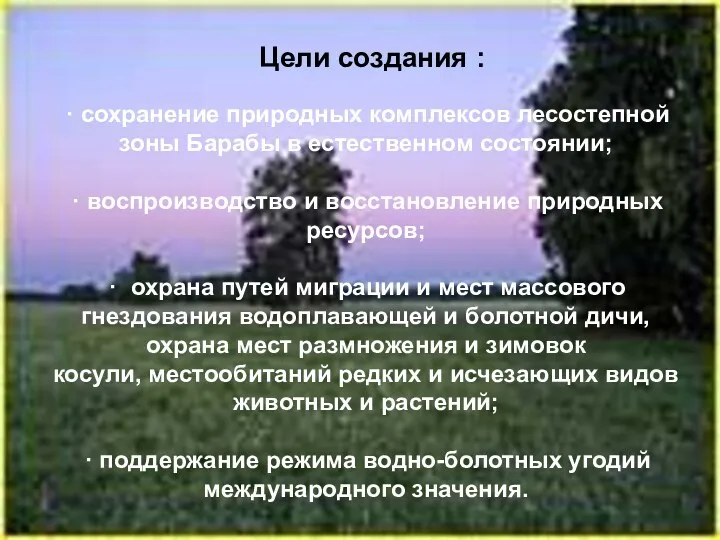 Цели создания : · сохранение природных комплексов лесостепной зоны Барабы