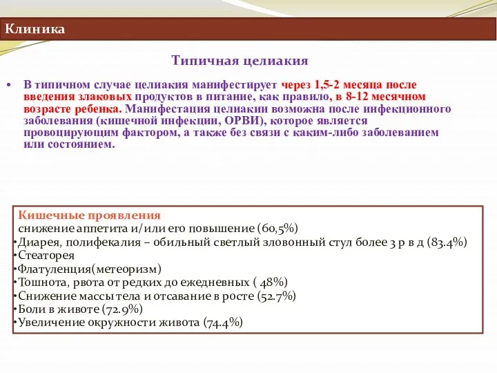 Клиника Типичная целиакия В типичном случае целиакия манифестирует через 1,5-2