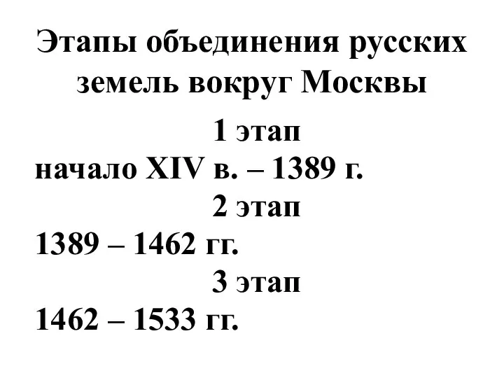 Этапы объединения русских земель вокруг Москвы 1 этап начало XIV в. – 1389