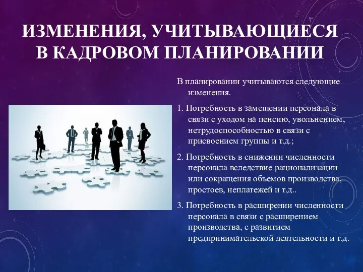 ИЗМЕНЕНИЯ, УЧИТЫВАЮЩИЕСЯ В КАДРОВОМ ПЛАНИРОВАНИИ В планировании учитываются следующие изменения.