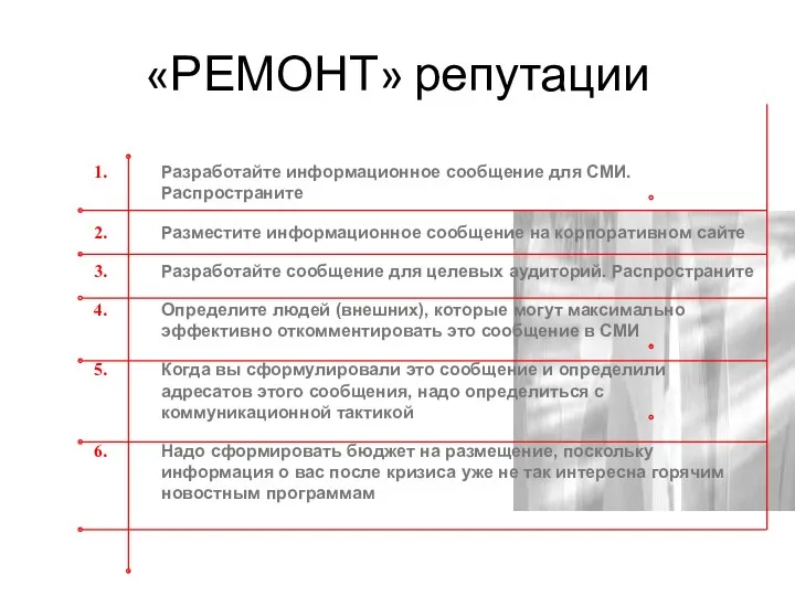 «РЕМОНТ» репутации Разработайте информационное сообщение для СМИ. Распространите Разместите информационное