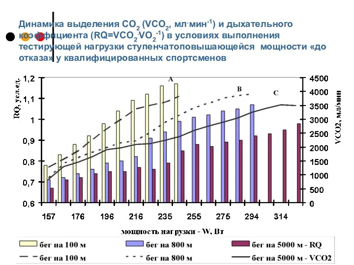 Динамика выделения СО2 (VCO2, мл.мин-1) и дыхательного коэффициента (RQ=VCO2.VO2-1) в