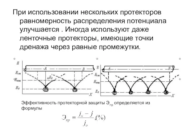 При использовании нескольких протекторов равномерность распределения потенциала улучшается . Иногда