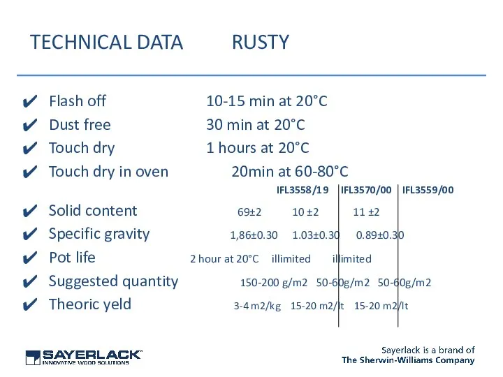 TECHNICAL DATA RUSTY Flash off 10-15 min at 20°C Dust