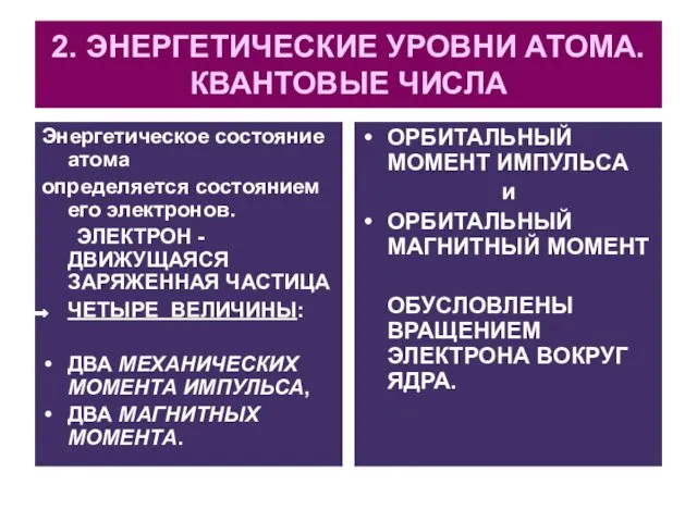 2. ЭНЕРГЕТИЧЕСКИЕ УРОВНИ АТОМА. КВАНТОВЫЕ ЧИСЛА Энергетическое состояние атома определяется