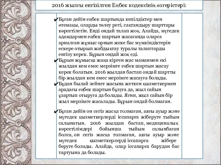 Бұған дейін еңбек шартында кепілдіктер мен өтемақы, оларды төлеу реті,