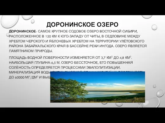 ДОРОНИНСКОЕ ОЗЕРО ДОРОНИНСКОЕ- САМОЕ КРУПНОЕ СОДОВОЕ ОЗЕРО ВОСТОЧНОЙ СИБИРИ, РАСПОЛОЖЕННОЕ