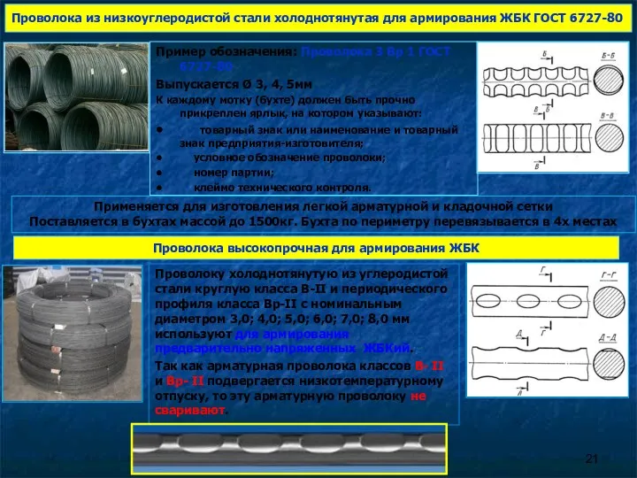 Проволока из низкоуглеродистой стали холоднотянутая для армирования ЖБК ГОСТ 6727-80 Пример обозначения: Проволока