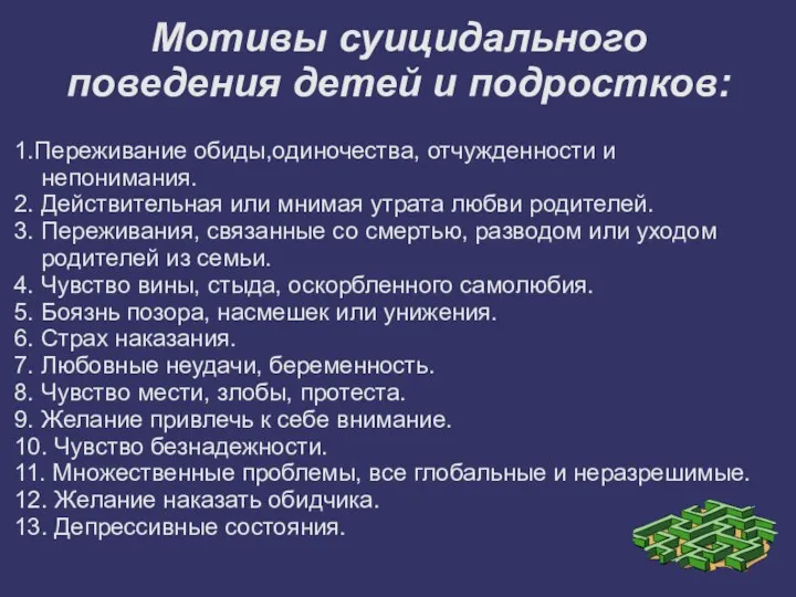 Мотивы суицидального поведения детей и подростков: 1.Переживание обиды,одиночества, отчужденности и