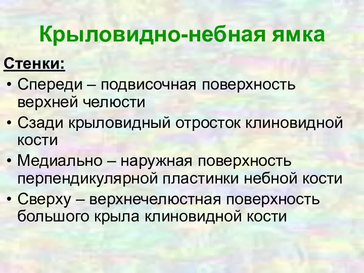 Крыловидно-небная ямка Стенки: Спереди – подвисочная поверхность верхней челюсти Сзади