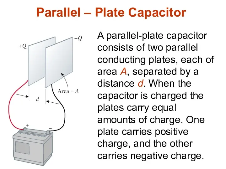 Parallel – Plate Capacitor A parallel-plate capacitor consists of two