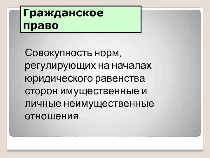 Гражданское право Совокупность норм, регулирующих на началах юридического равенства сторон имущественные и личные неимущественные отношения