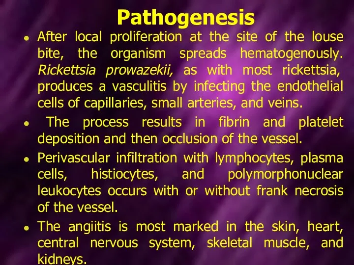 Pathogenesis After local proliferation at the site of the louse bite, the organism