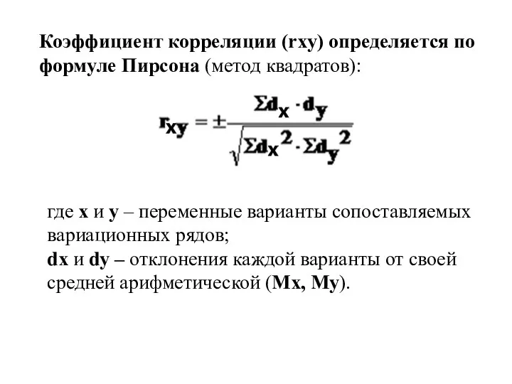 Коэффициент корреляции (rxy) определяется по формуле Пирсона (метод квадратов): где