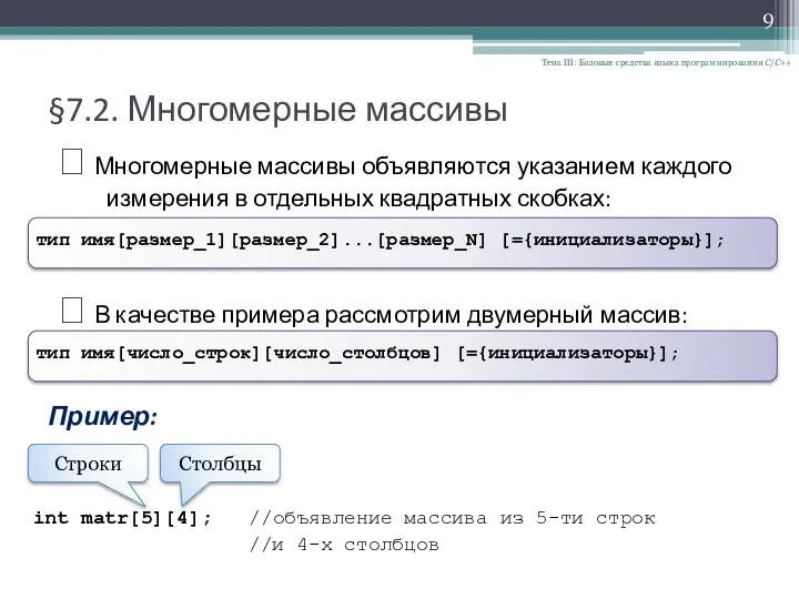 §7.2. Многомерные массивы Тема III: Базовые средства языка программирования С/С++