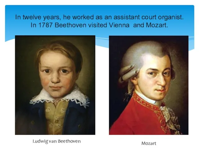In twelve years, he worked as an assistant court organist. In 1787 Beethoven