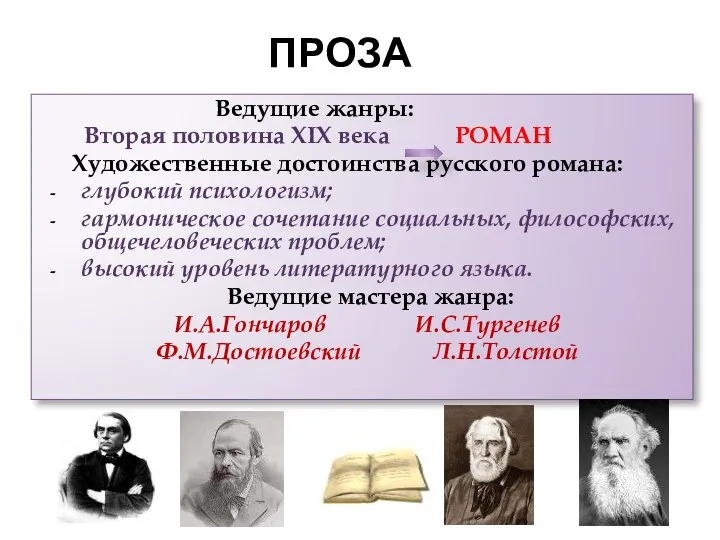 Ведущие жанры: Вторая половина XIX века РОМАН Художественные достоинства русского