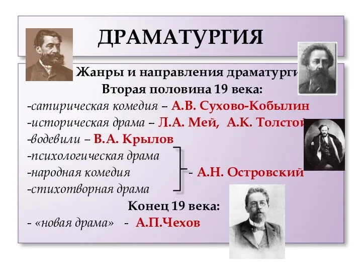 ДРАМАТУРГИЯ Жанры и направления драматургии Вторая половина 19 века: -сатирическая комедия – А.В.