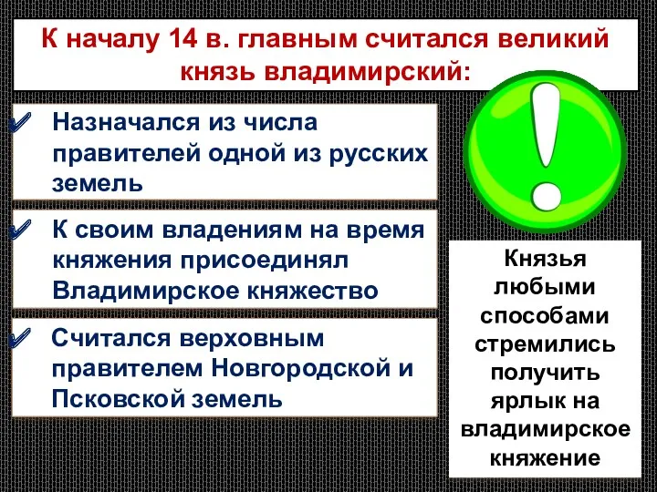 К началу 14 в. главным считался великий князь владимирский: Назначался