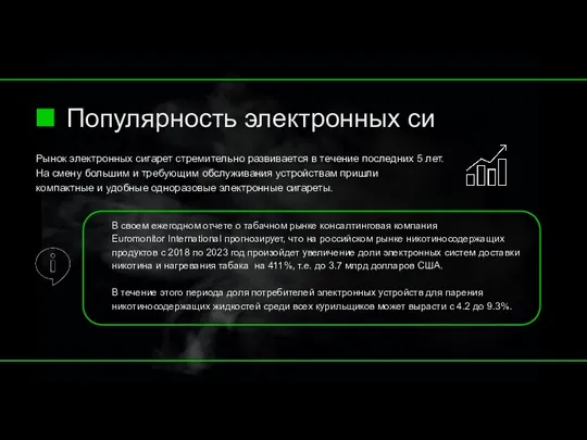 Популярность электронных сигарет Рынок электронных сигарет стремительно развивается в течение