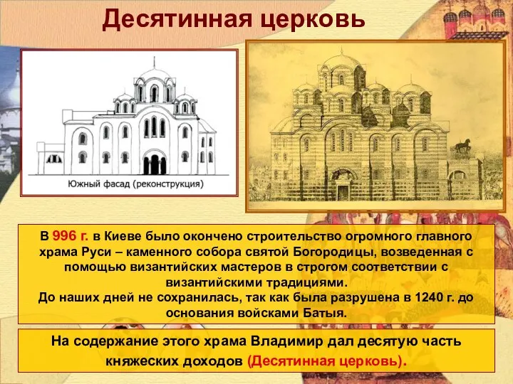 Десятинная церковь В 996 г. в Киеве было окончено строительство