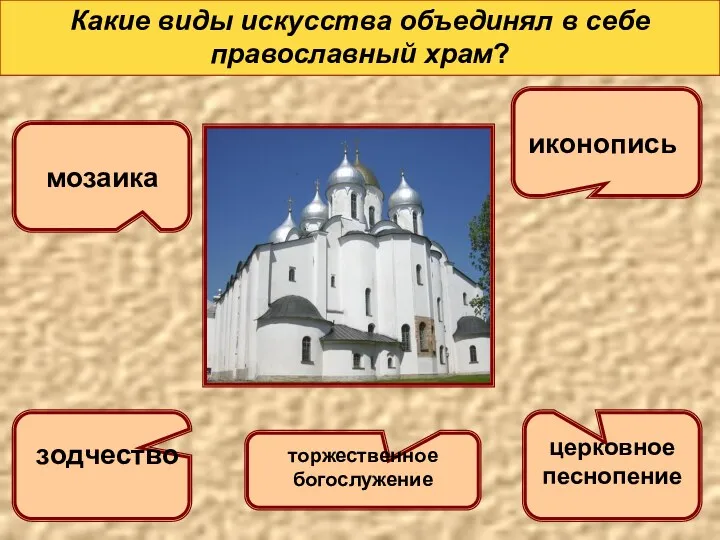 Какие виды искусства объединял в себе православный храм? мозаика иконопись зодчество церковное песнопение торжественное богослужение