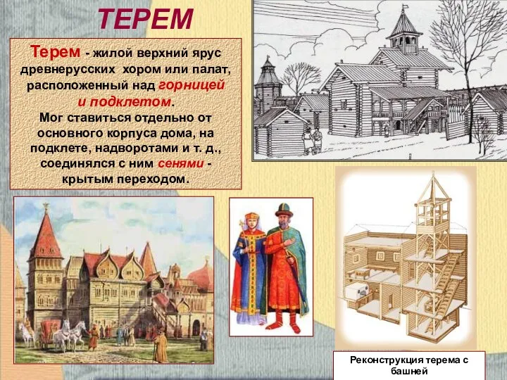 ТЕРЕМ Терем - жилой верхний ярус древнерусских хором или палат,