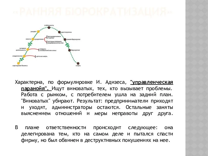 «РАННЯЯ БЮРОКРАТИЗАЦИЯ» Характерна, по формулировке И. Адизеса, "управленческая паранойя". Ищут