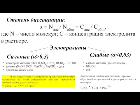 Степень диссоциации: α = Nдис / Nобщ = Сдис /