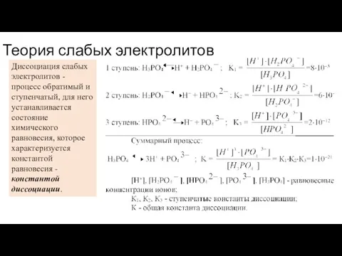 Теория слабых электролитов Диссоциация слабых электролитов - процесс обратимый и