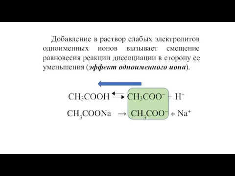 Добавление в раствор слабых электролитов одноименных ионов вызывает смещение равновесия