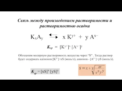 Связь между произведением растворимости и растворимостью осадка Обозначим молярную растворимость