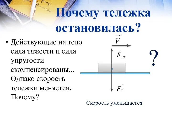 Почему тележка остановилась? Действующие на тело сила тяжести и сила