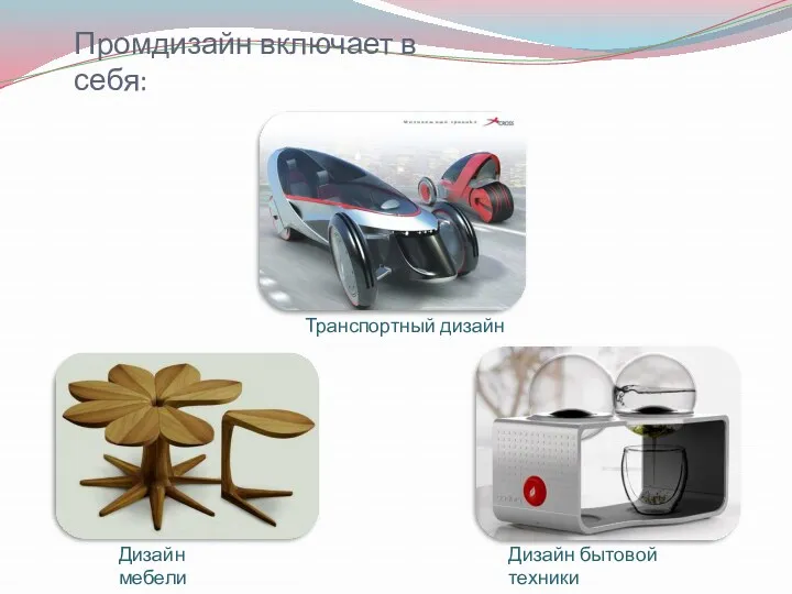 Промдизайн включает в себя: Транспортный дизайн Дизайн мебели Дизайн бытовой техники