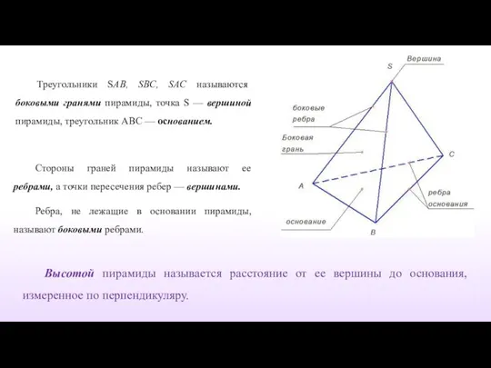 Треугольники SАВ, SВС, SАС называются боковыми гранями пирамиды, точка S