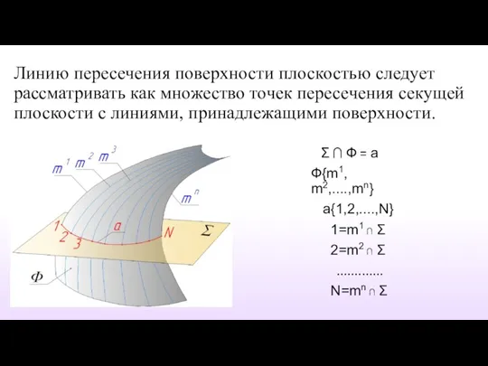 Линию пересечения поверхности плоскостью следует рассматривать как множество точек пересечения