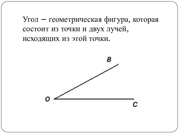 Угол – геометрическая фигура, которая состоит из точки и двух лучей, исходящих из этой точки.