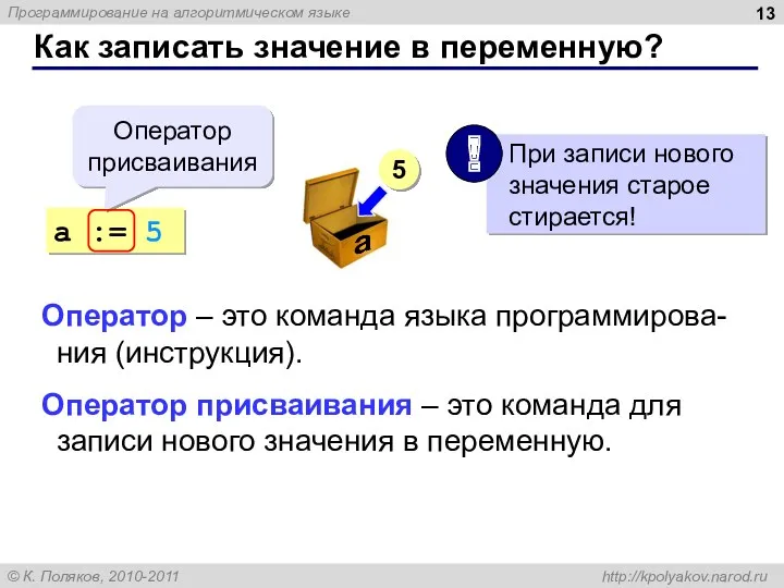 Как записать значение в переменную? a := 5 Оператор присваивания